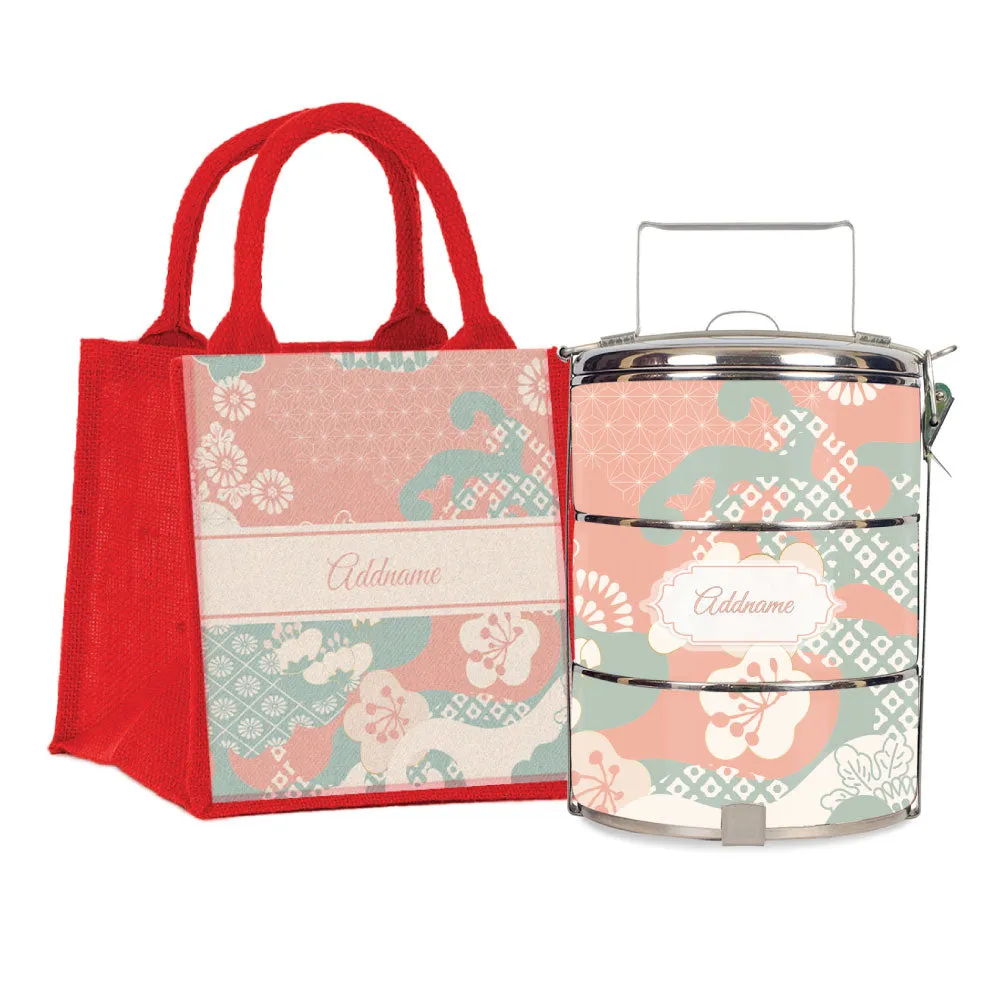 Rosy Cherry Blossom Oriental Series 3-Tier Standard Medium 14cm Tiffin Carrier [FREE Custom Add Name]