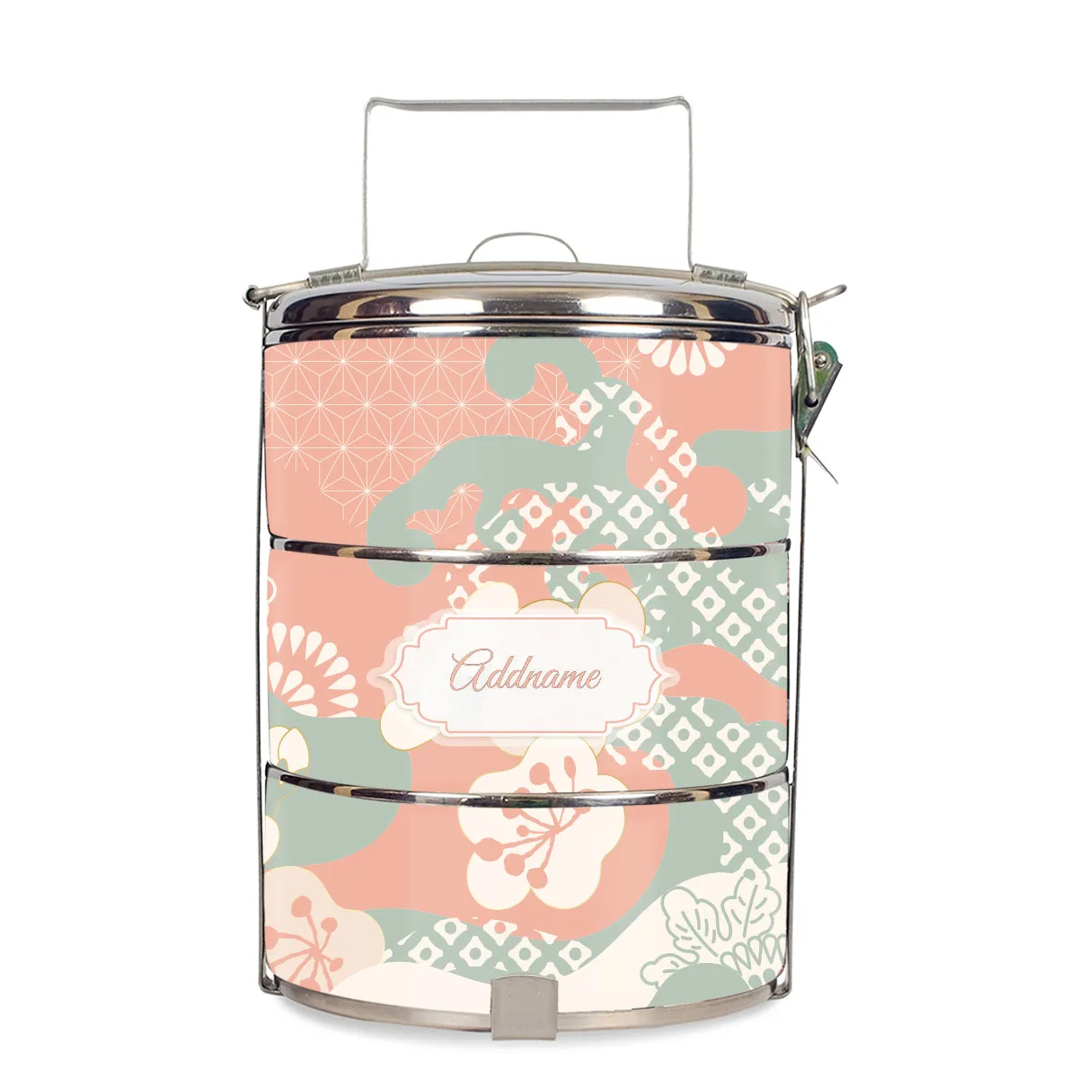 Rosy Cherry Blossom Oriental Series 3-Tier Standard Medium 14cm Tiffin Carrier [FREE Custom Add Name]