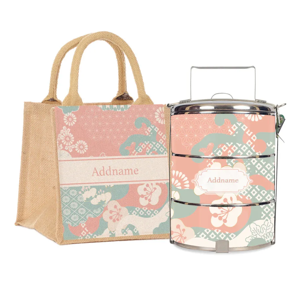 Rosy Cherry Blossom Oriental Series 3-Tier Standard Medium 14cm Tiffin Carrier [FREE Custom Add Name]