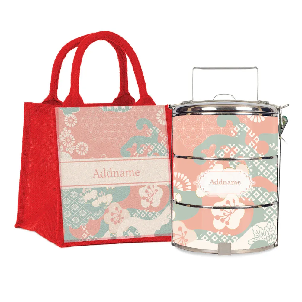 Rosy Cherry Blossom Oriental Series 3-Tier Standard Medium 14cm Tiffin Carrier [FREE Custom Add Name]