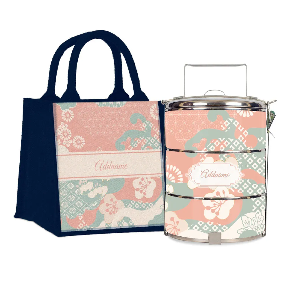 Rosy Cherry Blossom Oriental Series 3-Tier Standard Medium 14cm Tiffin Carrier [FREE Custom Add Name]