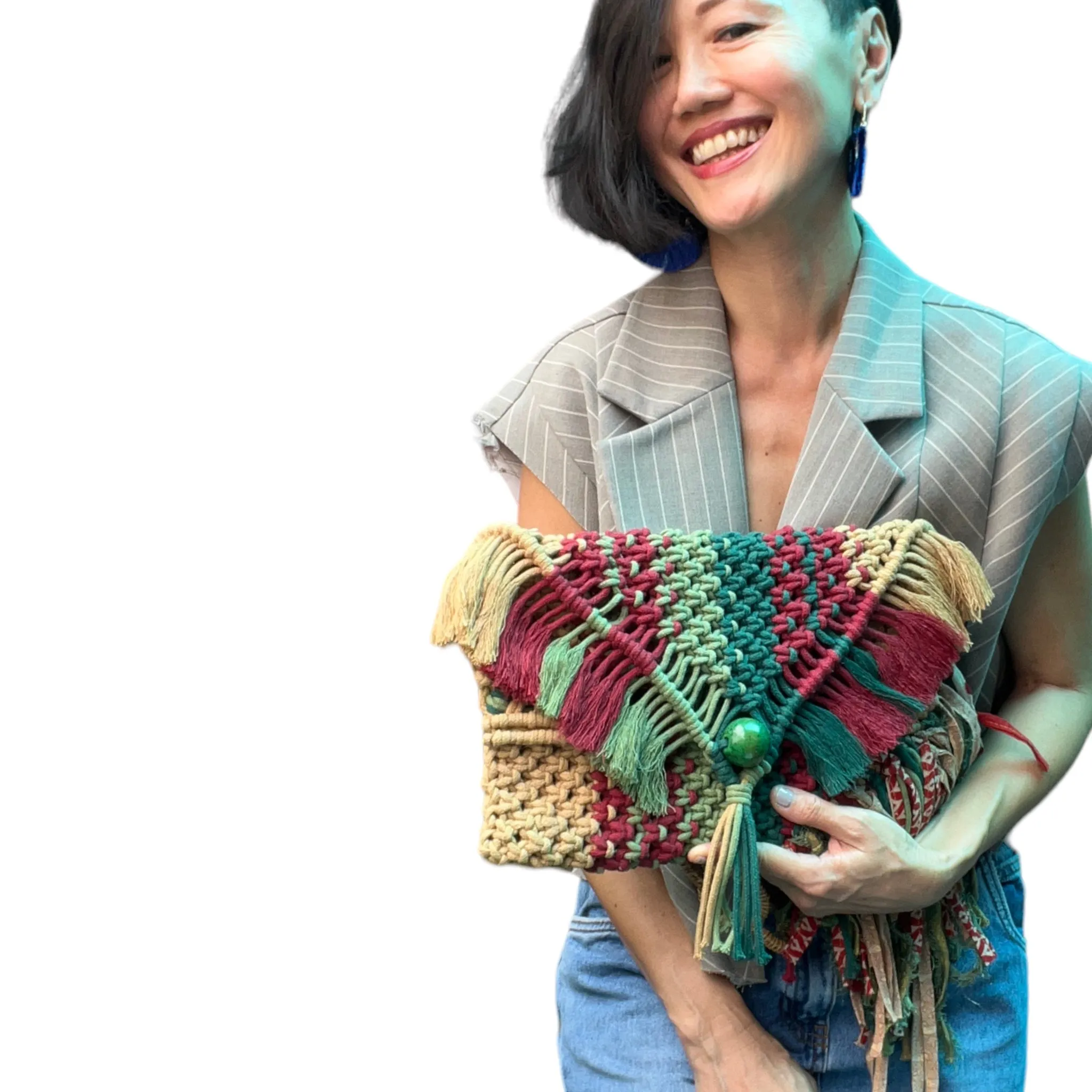 Saki - Handwoven Khaki and Moss Macrame Clutch and Shoulder Bag