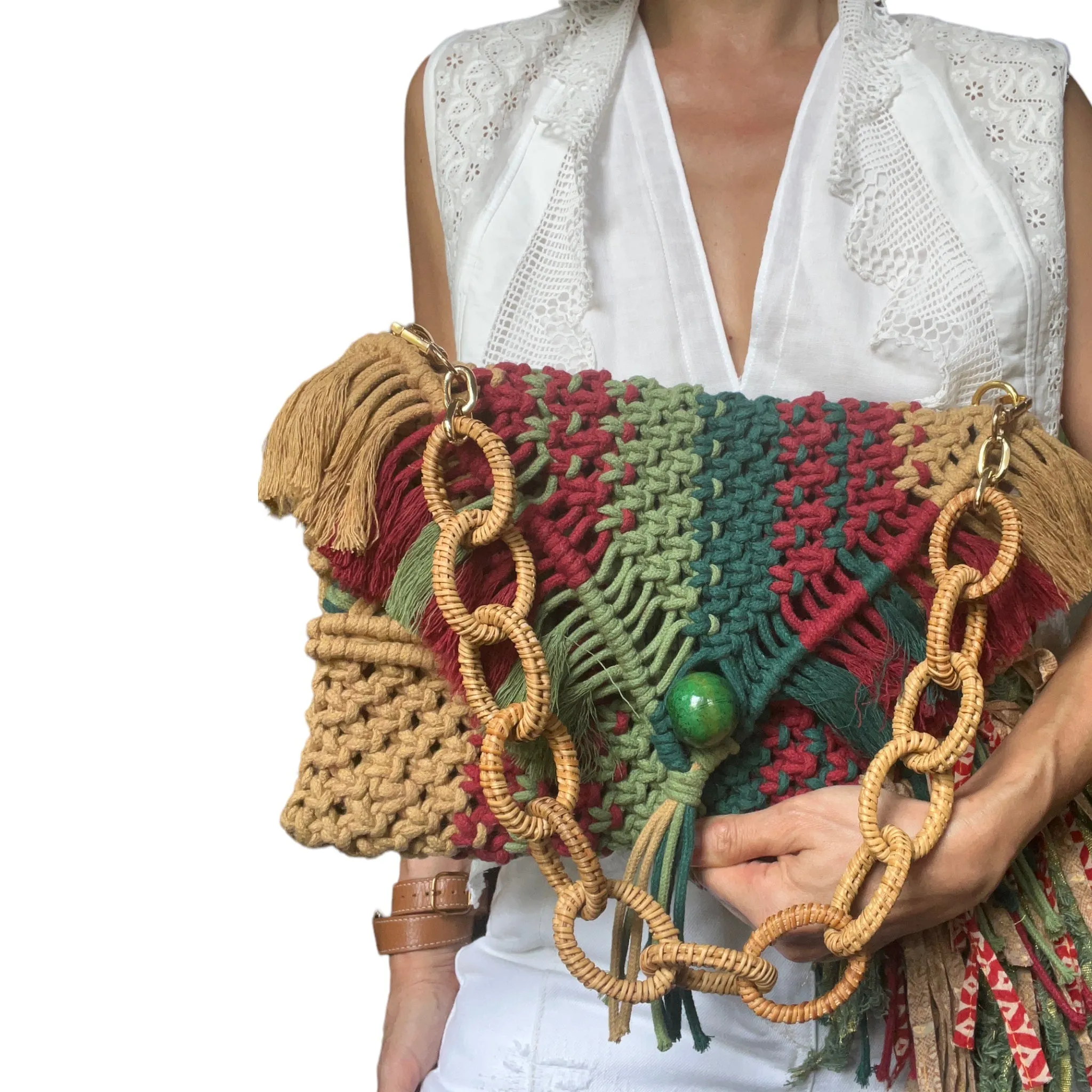 Saki - Handwoven Khaki and Moss Macrame Clutch and Shoulder Bag