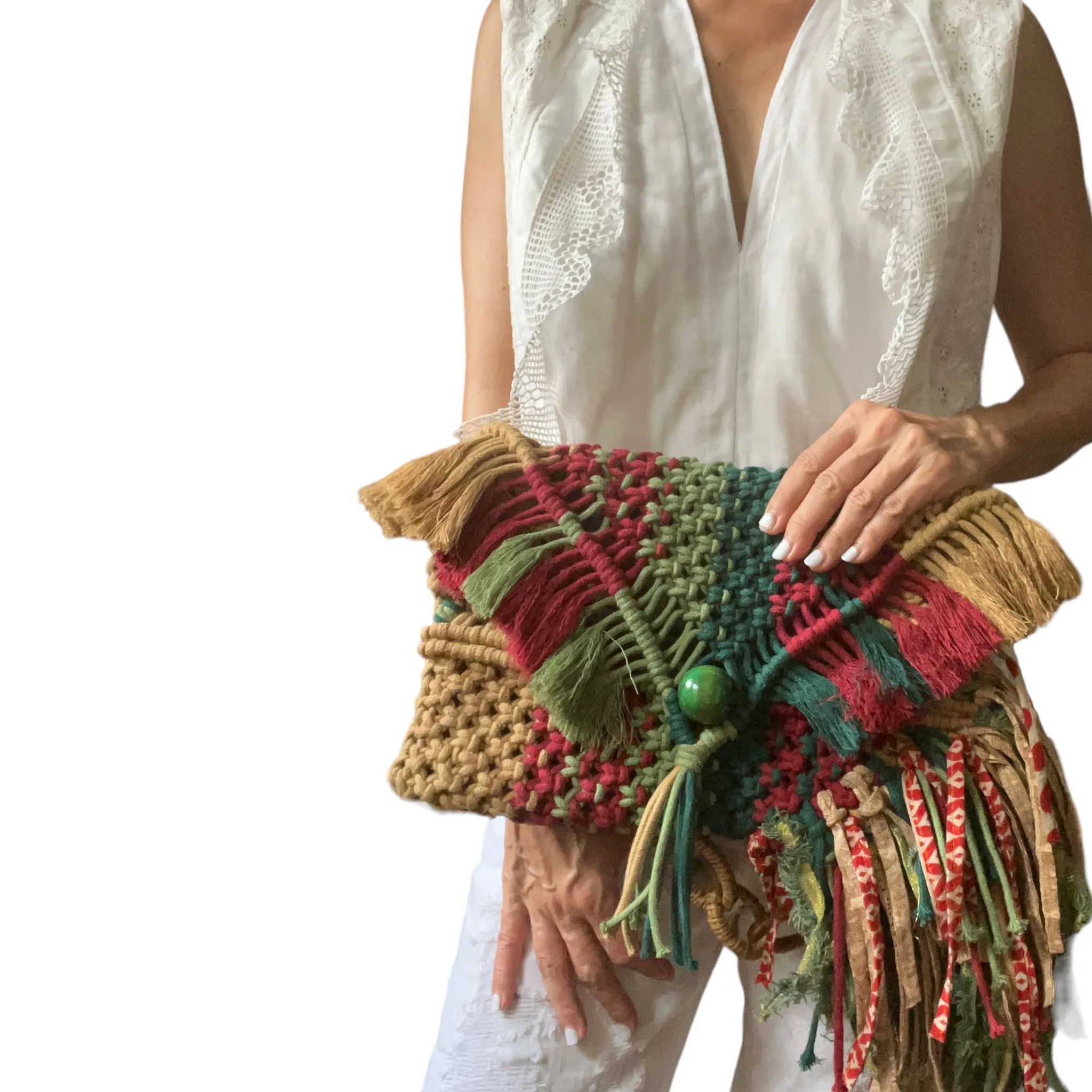 Saki - Handwoven Khaki and Moss Macrame Clutch and Shoulder Bag
