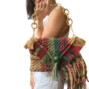 Saki - Handwoven Khaki and Moss Macrame Clutch and Shoulder Bag