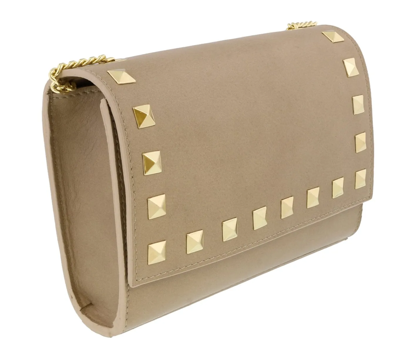Scheilan  Camel Leather Studded Flap  Shoulder Bag