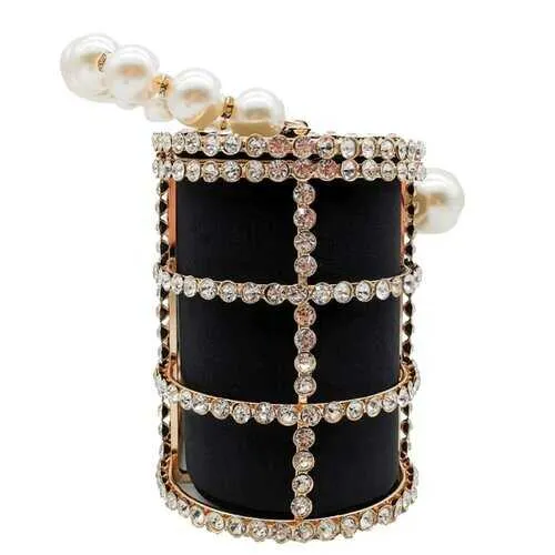 Shinny Studded Pearl Clasp Basket Style Evening Clutch Bag