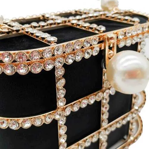 Shinny Studded Pearl Clasp Basket Style Evening Clutch Bag