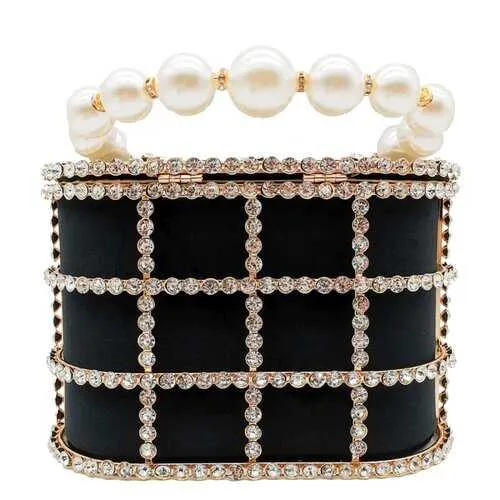 Shinny Studded Pearl Clasp Basket Style Evening Clutch Bag
