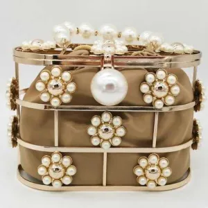 Shinny Studded Pearl Clasp Basket Style Evening Clutch Bag