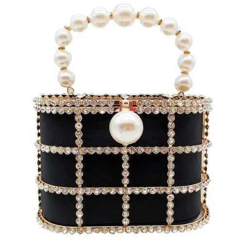 Shinny Studded Pearl Clasp Basket Style Evening Clutch Bag
