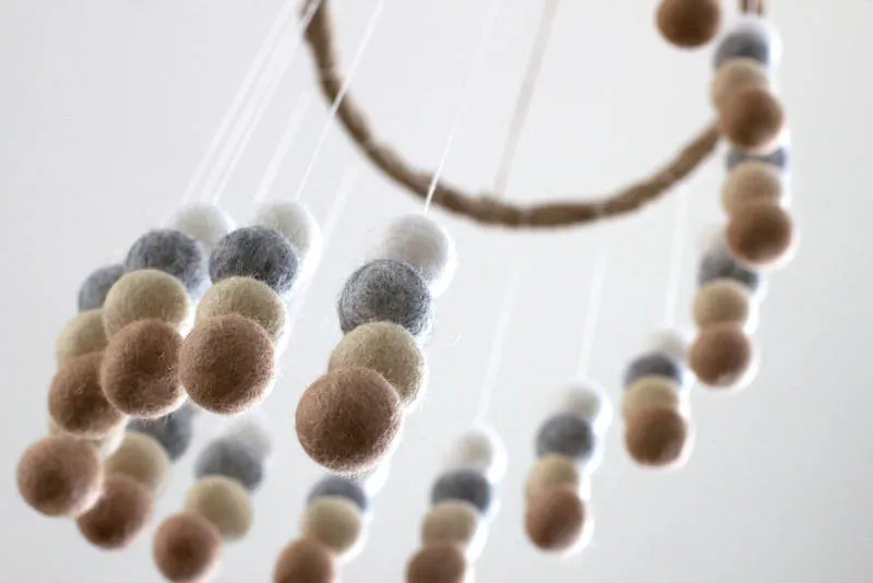 Spiral Felt Ball Mobile- Tan, Almond, Gray, White