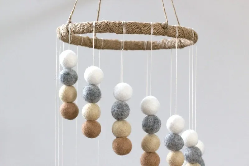 Spiral Felt Ball Mobile- Tan, Almond, Gray, White