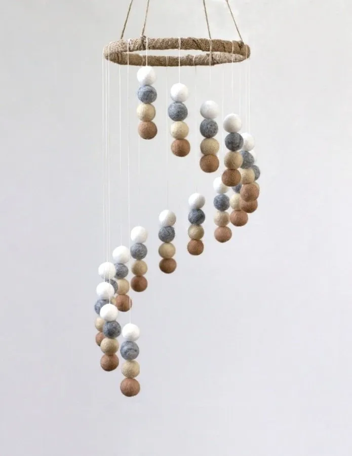 Spiral Felt Ball Mobile- Tan, Almond, Gray, White