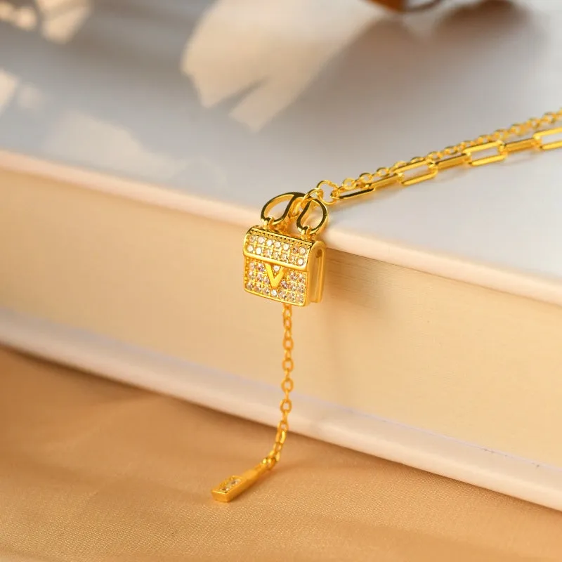 Sterling Silver Diamond-Studded Bag Necklace