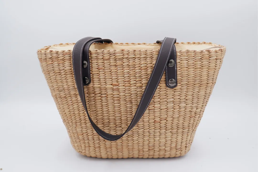 straw tote bag with leather handles