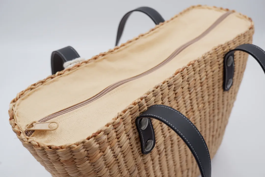 straw tote bag with leather handles