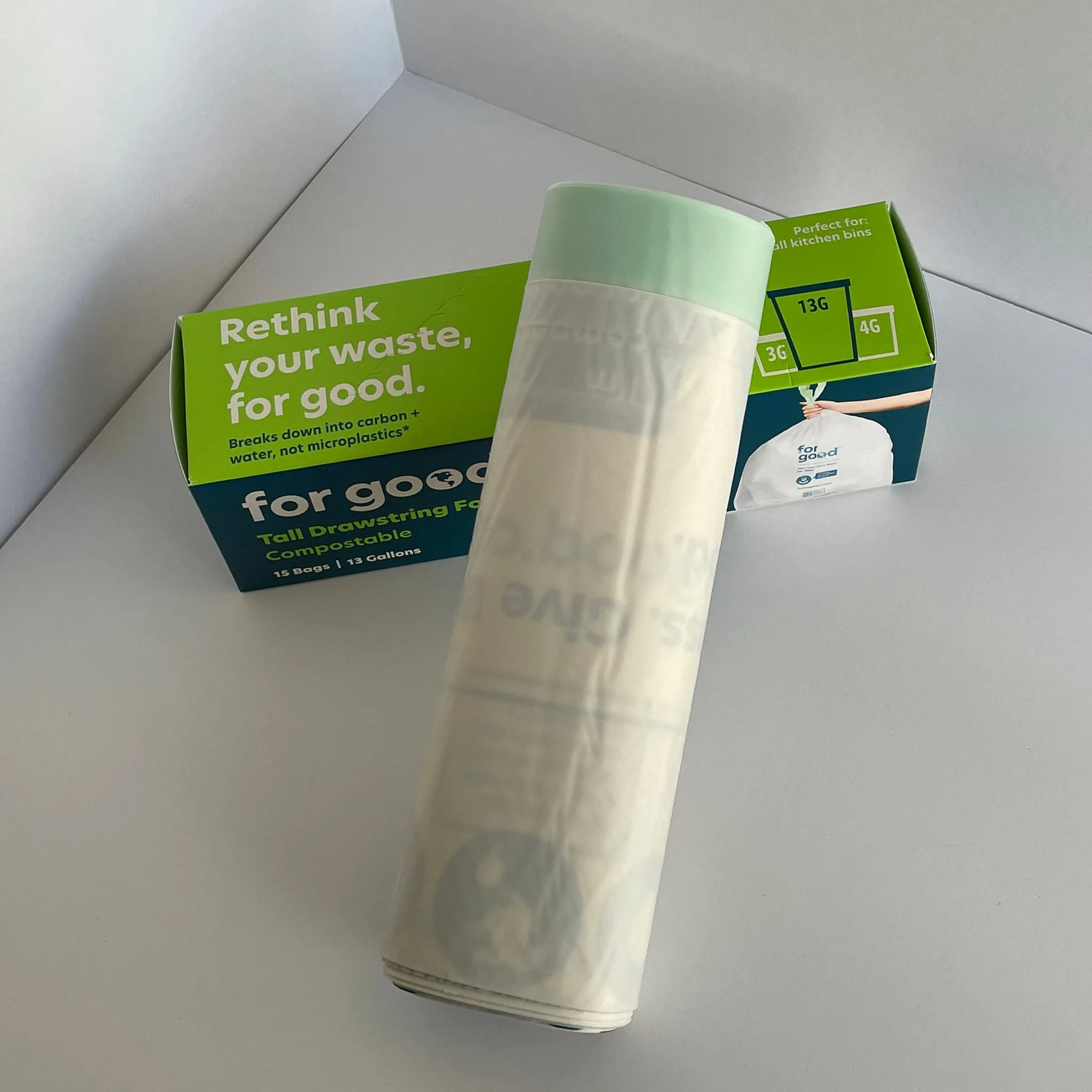 Tall Drawstring Food Waste Bags - Compostable, 13 Gallons, 15 Bags