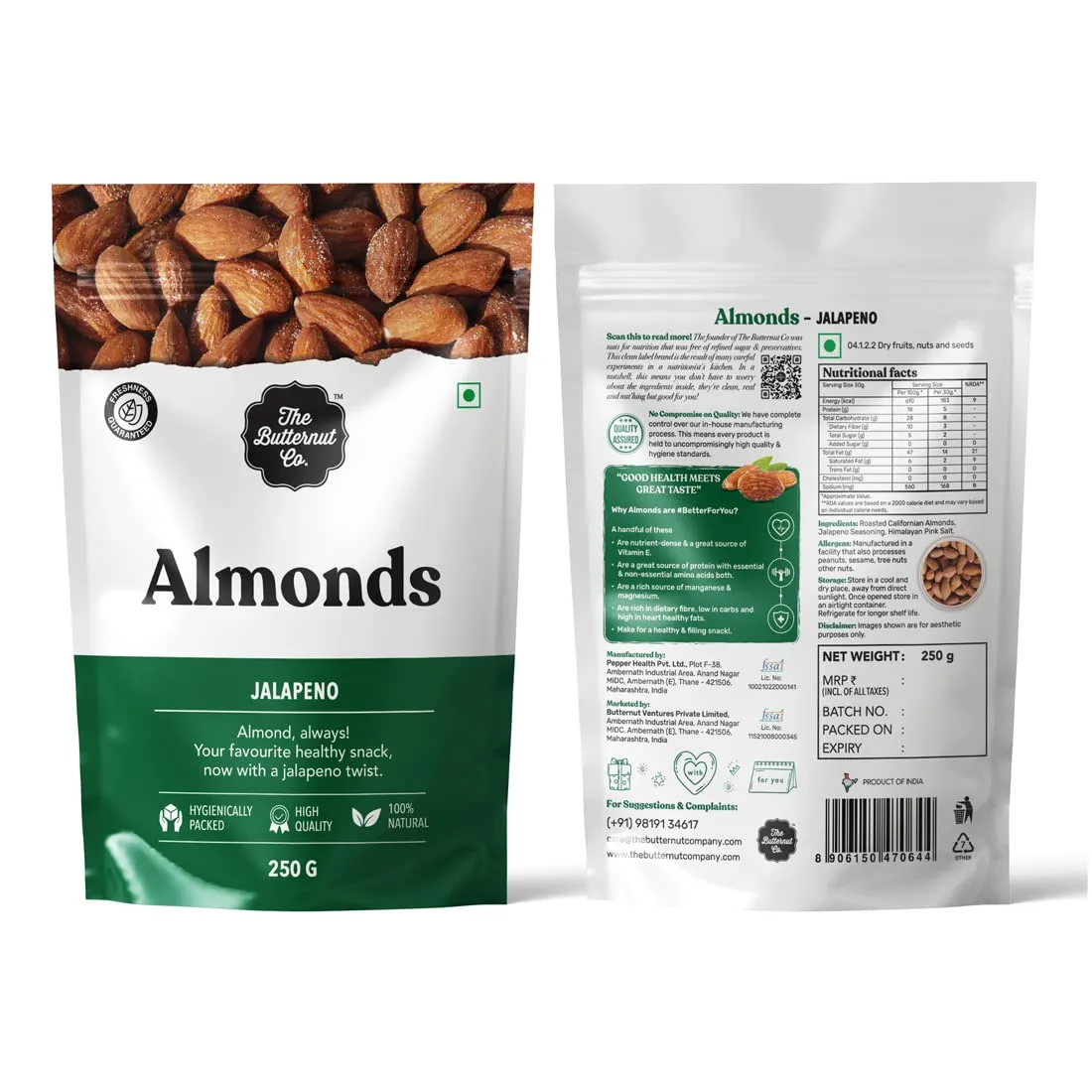 The Butternut Co. Almonds Jalapeno - 250g | 100% Natural | High Protein & Fibre | Gluten Free | Vegan