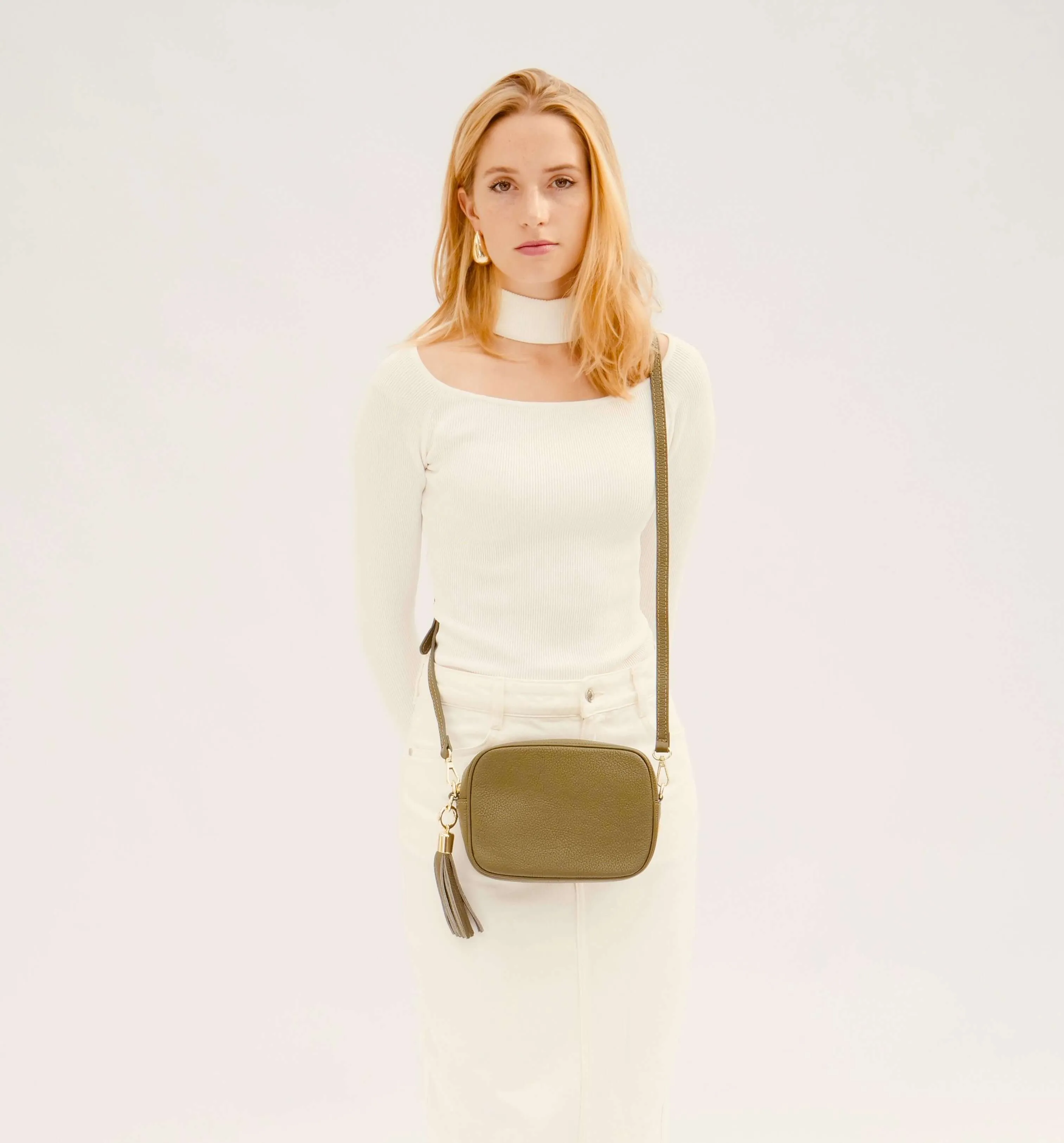 The Tassel Olive Green Leather Crossbody Bag With Olive Green Arrow Strap