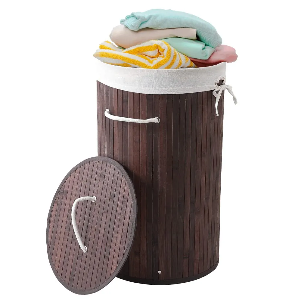 USHA SHRIRAM Foldable Bamboo Laundry Basket With Lid | Sustainable & Eco-Friendly | Travel Essential | Printed Laundry Basket (40cmx30cmx60cm) | Easy To Carry | Dark Brown (3 Pcs, Dark Brown)