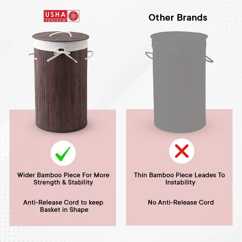 USHA SHRIRAM Foldable Bamboo Laundry Basket With Lid | Sustainable & Eco-Friendly | Travel Essential | Printed Laundry Basket (40cmx30cmx60cm) | Easy To Carry | Dark Brown (3 Pcs, Dark Brown)
