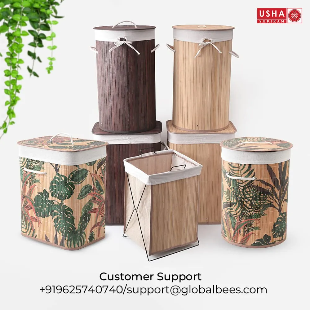 USHA SHRIRAM Foldable Bamboo Laundry Basket With Lid | Sustainable & Eco-Friendly | Travel Essential | Printed Laundry Basket (40cmx30cmx60cm) | Easy To Carry | Dark Brown (3 Pcs, Dark Brown)