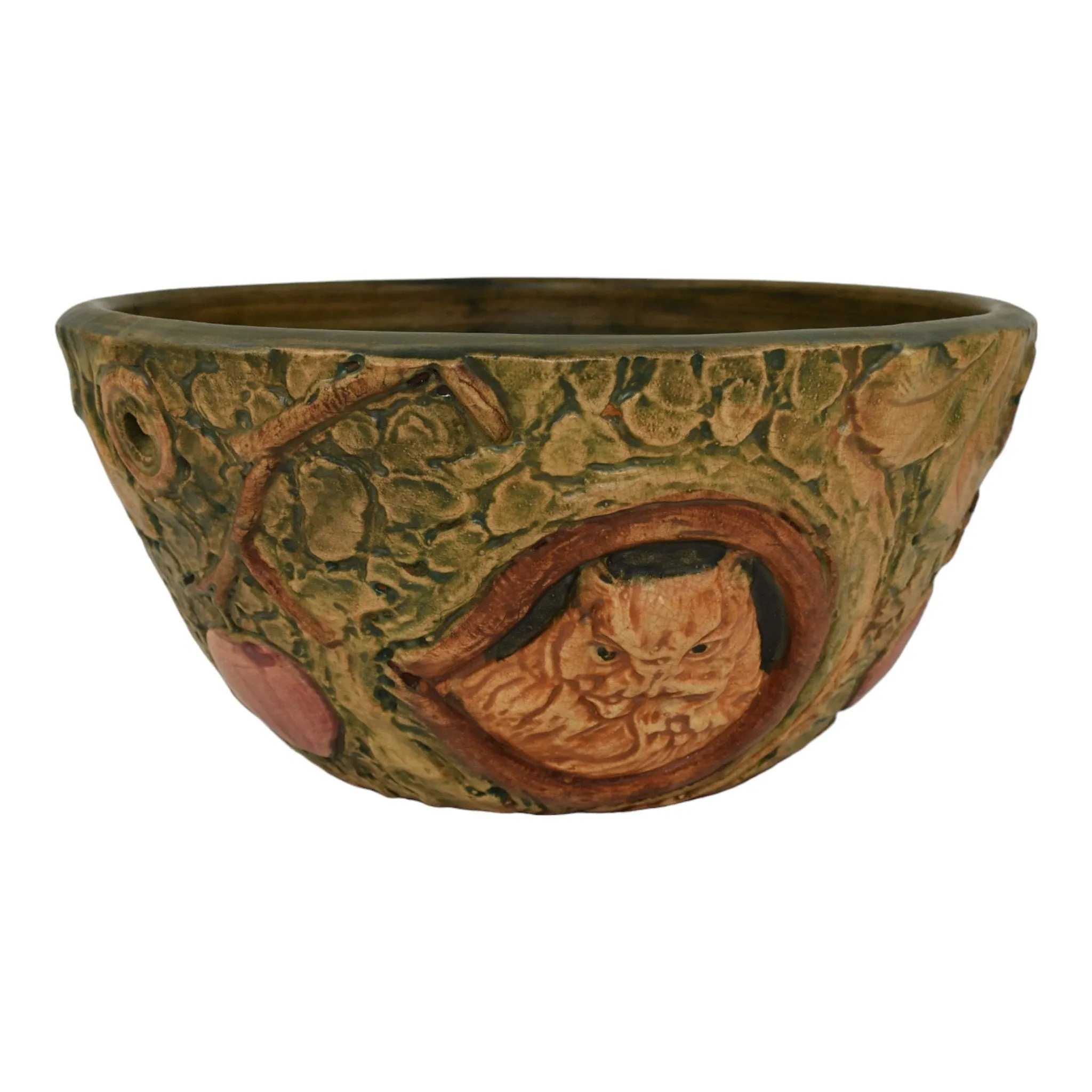 Weller Woodcraft 1920s Vintage Art Pottery Brown Owl Ceramic Hanging Basket
