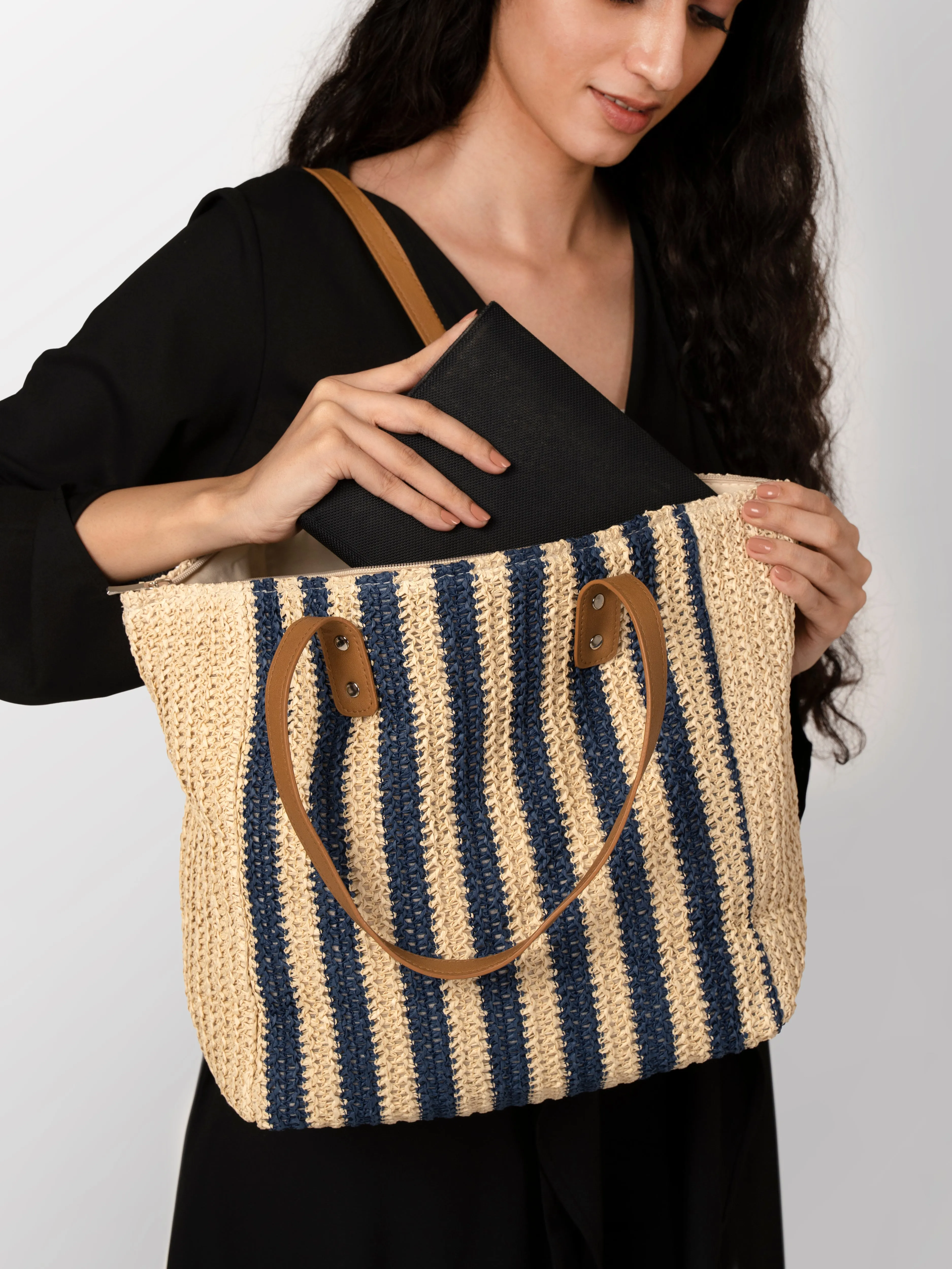 Women cream blue jute textured fashion bag