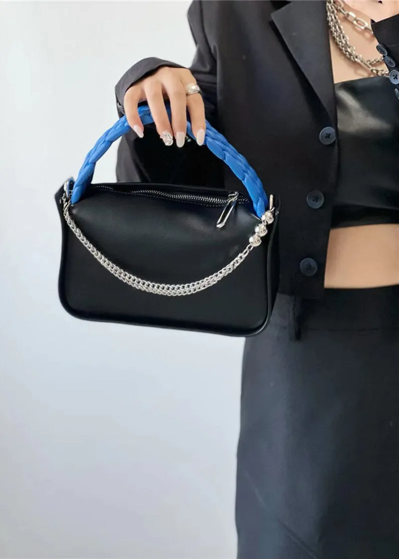 Woven Top Handle Chain Faux Leather Crossbody Bag