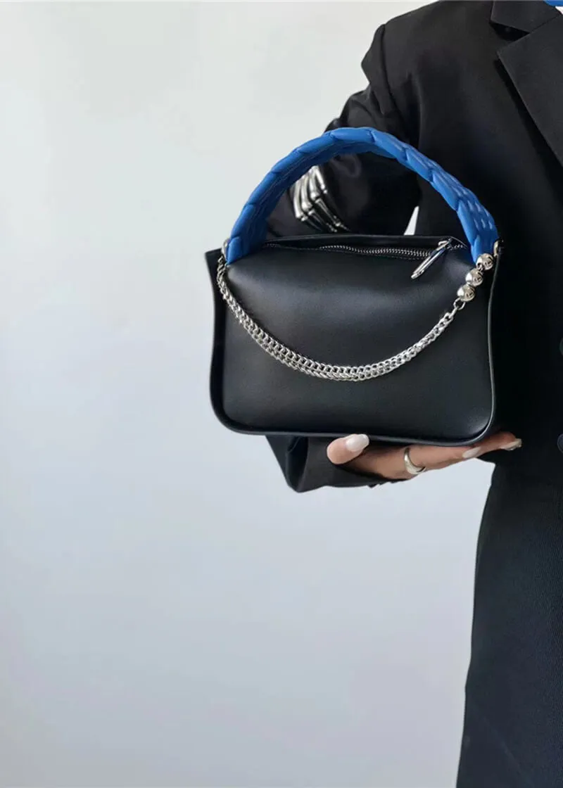 Woven Top Handle Chain Faux Leather Crossbody Bag