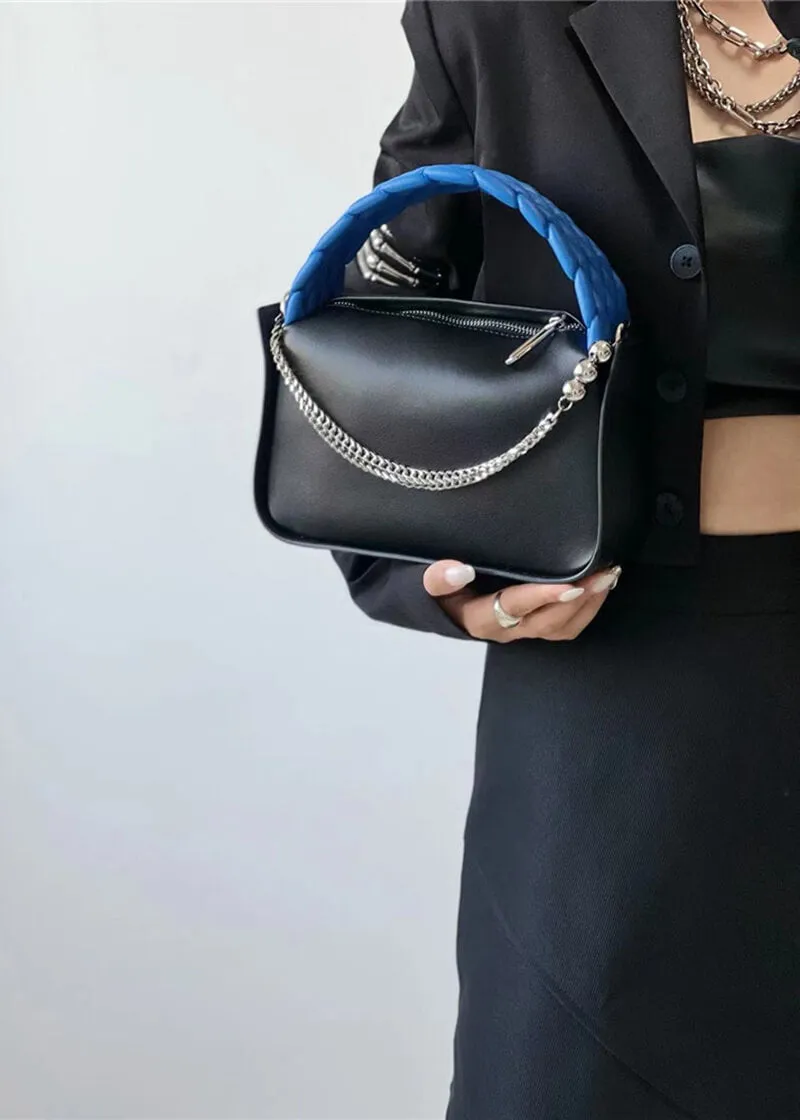 Woven Top Handle Chain Faux Leather Crossbody Bag
