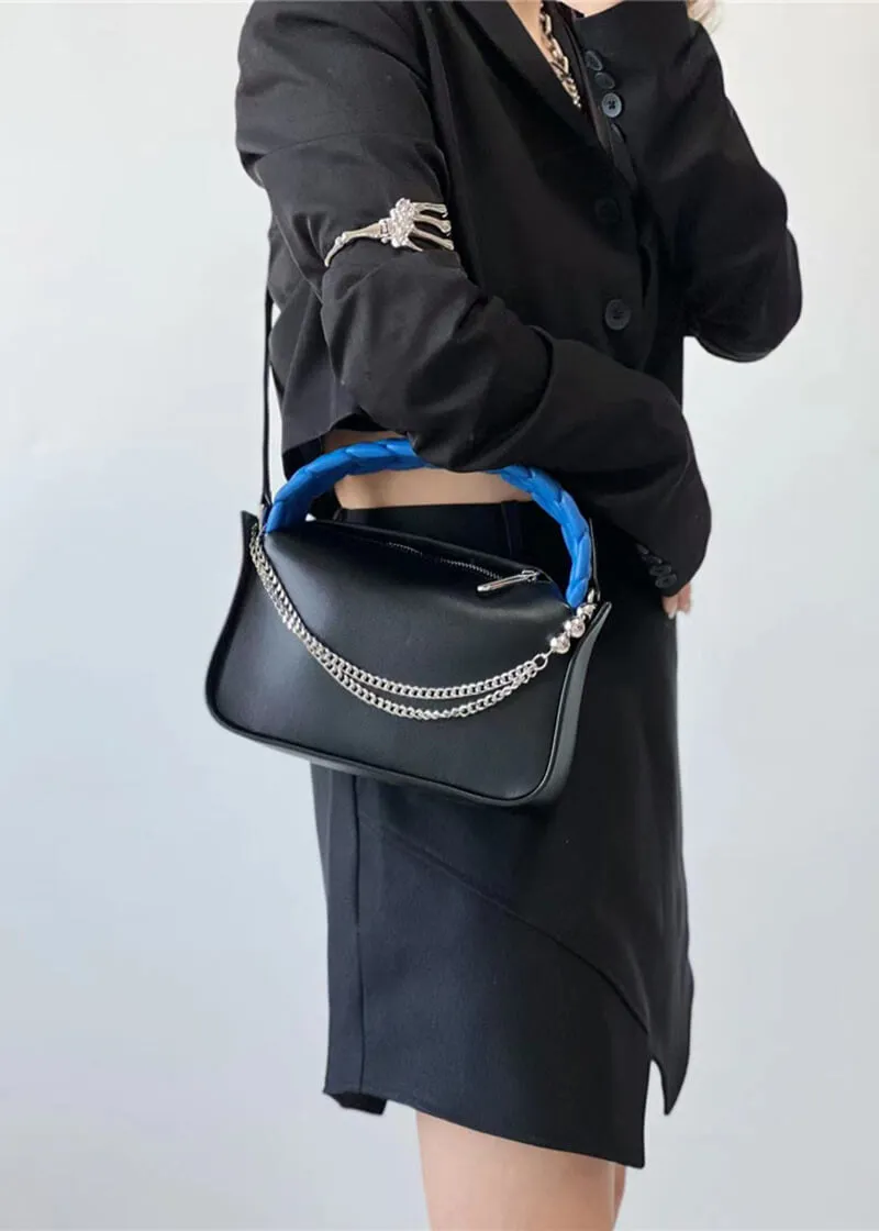 Woven Top Handle Chain Faux Leather Crossbody Bag