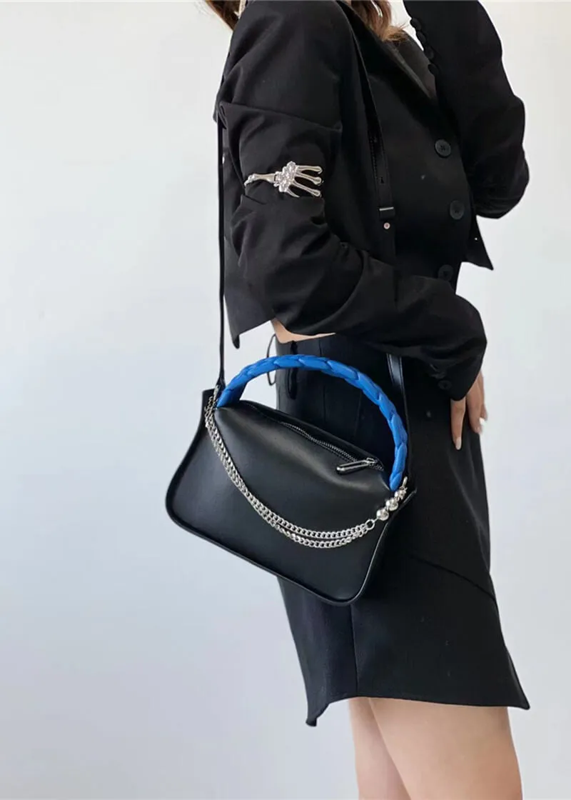 Woven Top Handle Chain Faux Leather Crossbody Bag