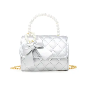 ZOM Quilted Pearl Handle Bow Ribbon Handbag in Silver