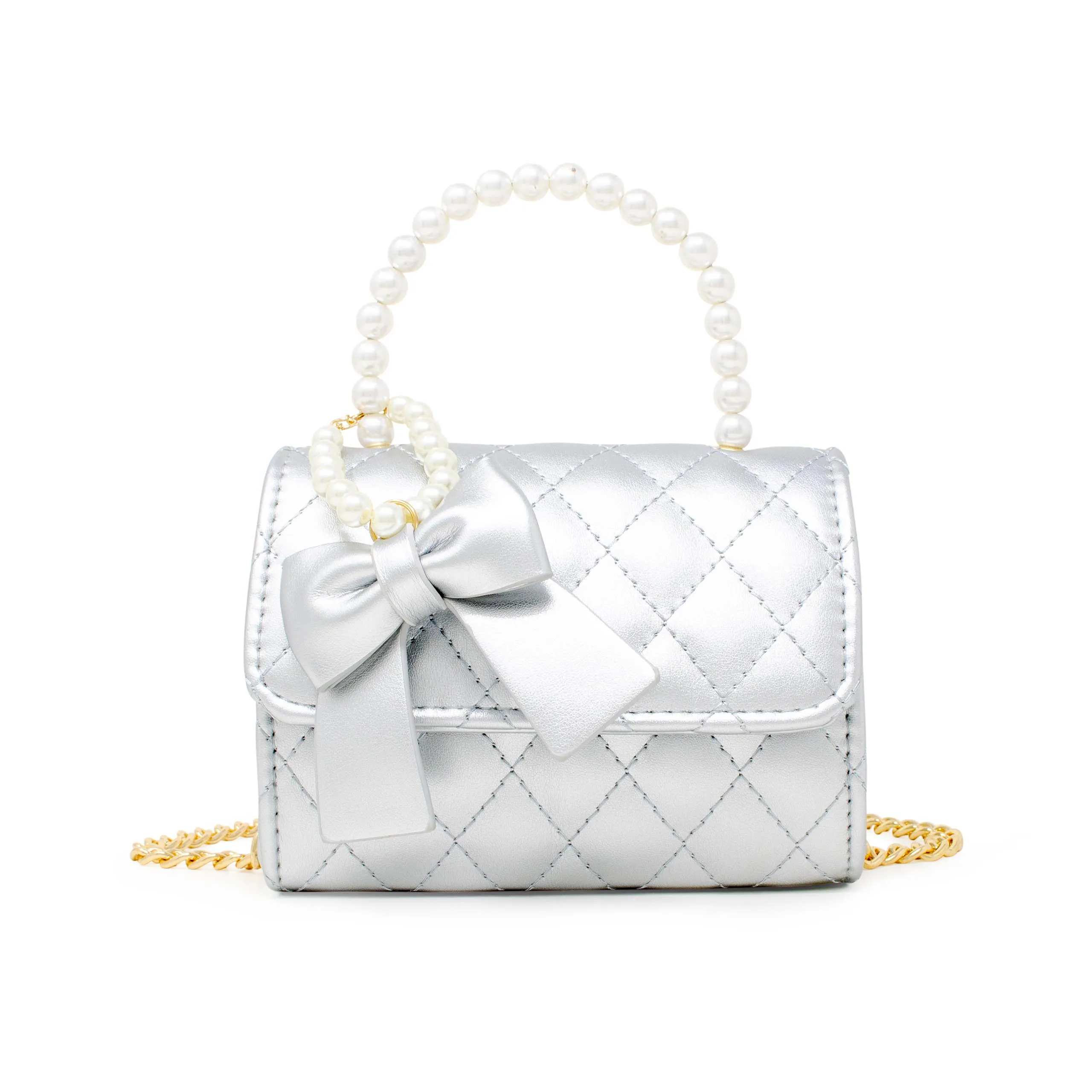 ZOM Quilted Pearl Handle Bow Ribbon Handbag in Silver