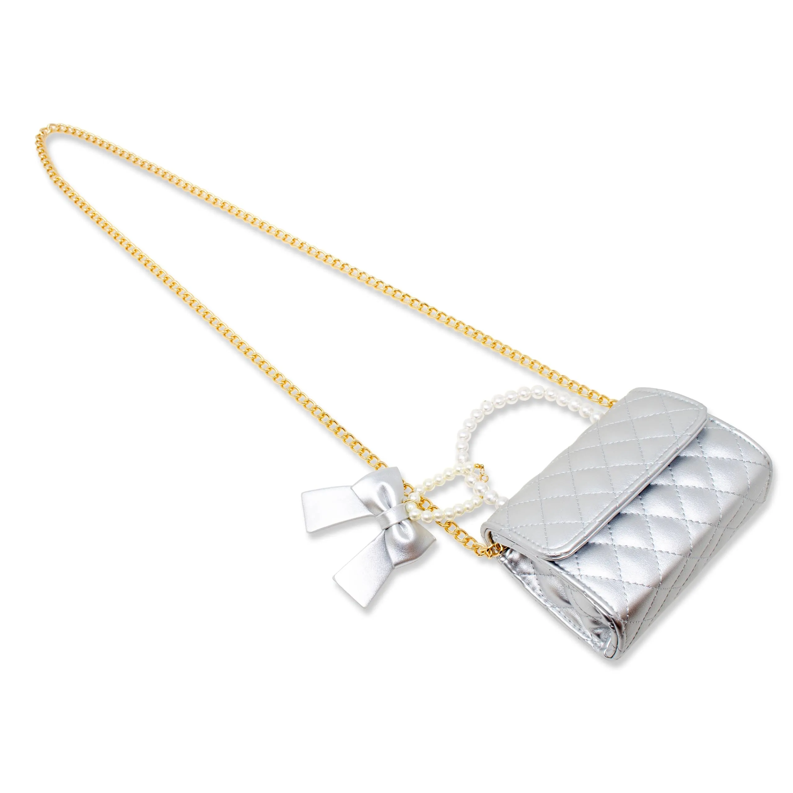 ZOM Quilted Pearl Handle Bow Ribbon Handbag in Silver