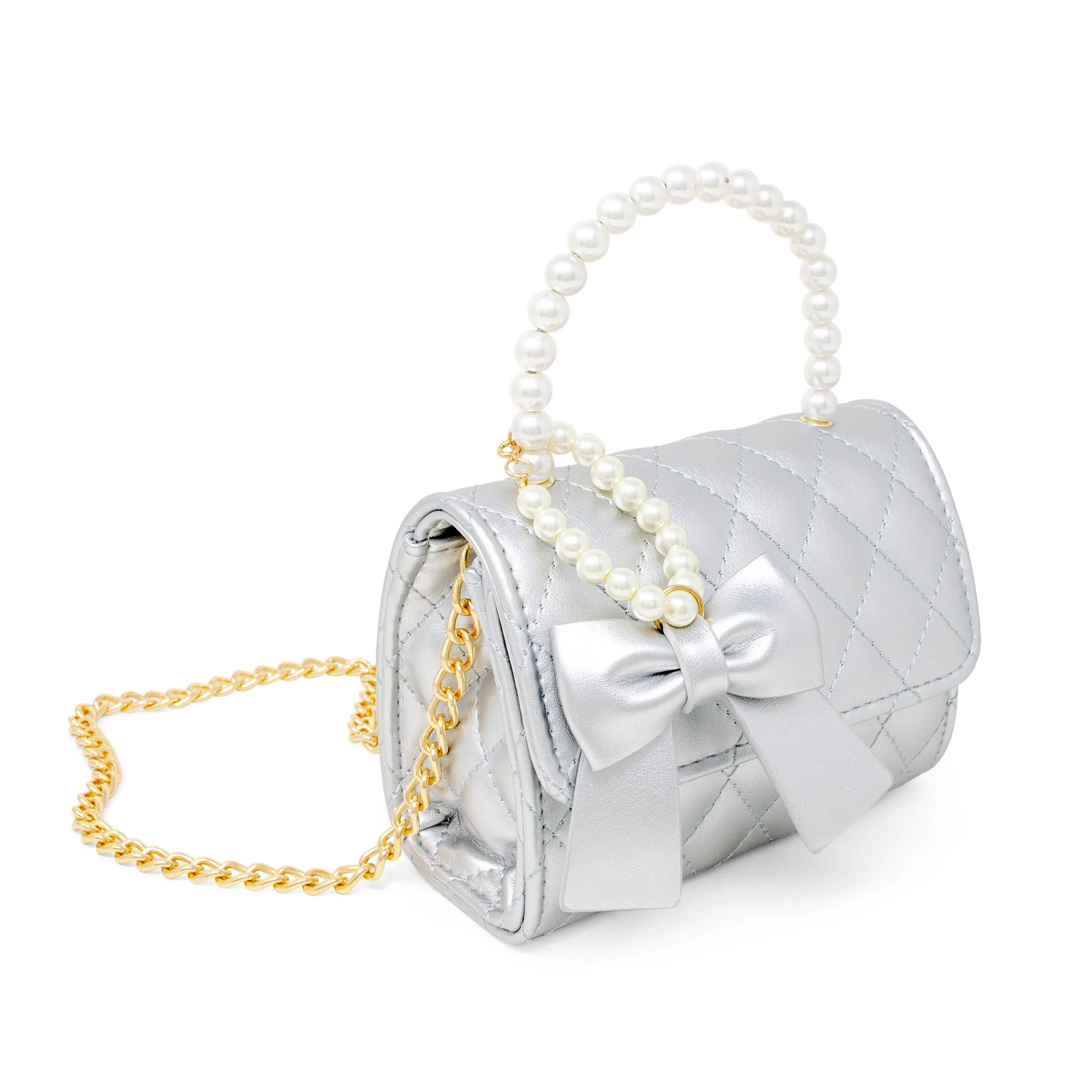 ZOM Quilted Pearl Handle Bow Ribbon Handbag in Silver