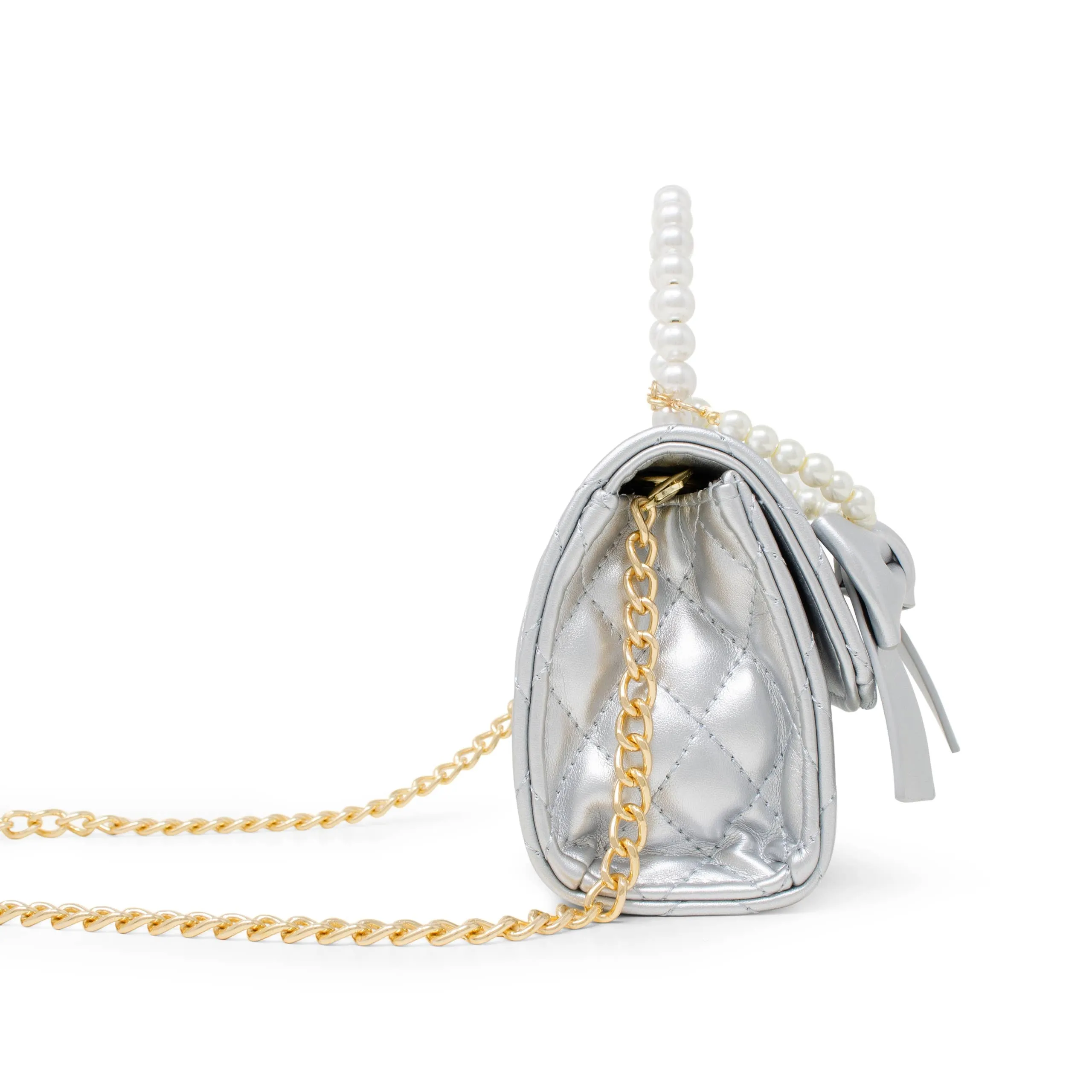 ZOM Quilted Pearl Handle Bow Ribbon Handbag in Silver